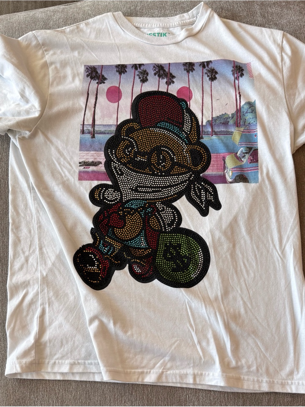 Majestic White Graphic Tee with Rhinestone Cartoon Character (XL)